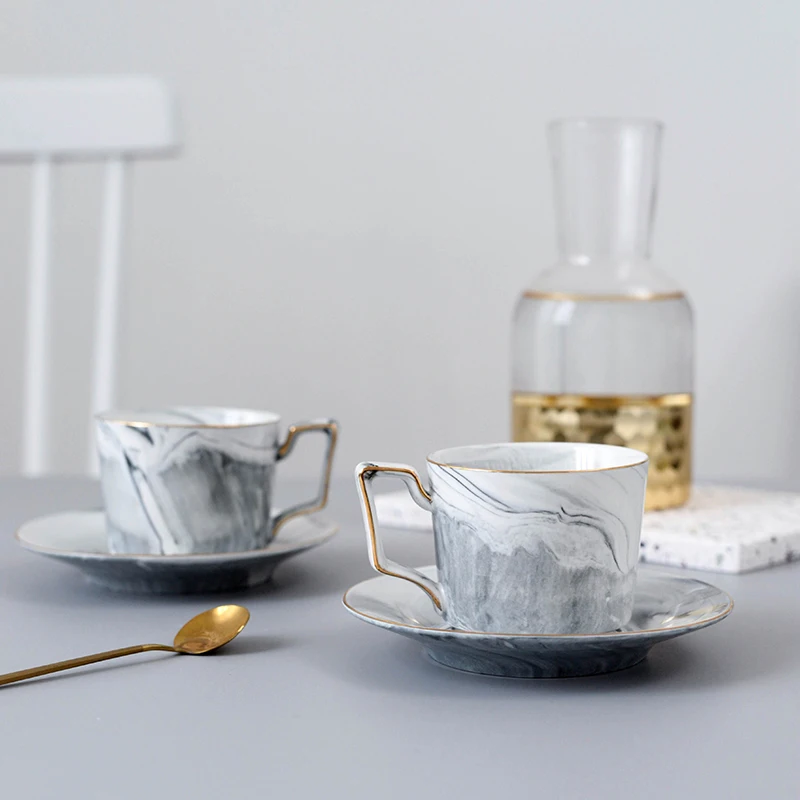 

Espresso Marble Ceramic Cup Saucer Spoon Set Gold Creative Cup Coffee Mug Nordic Luxury Ceramic Mugs Kitchen Accessories