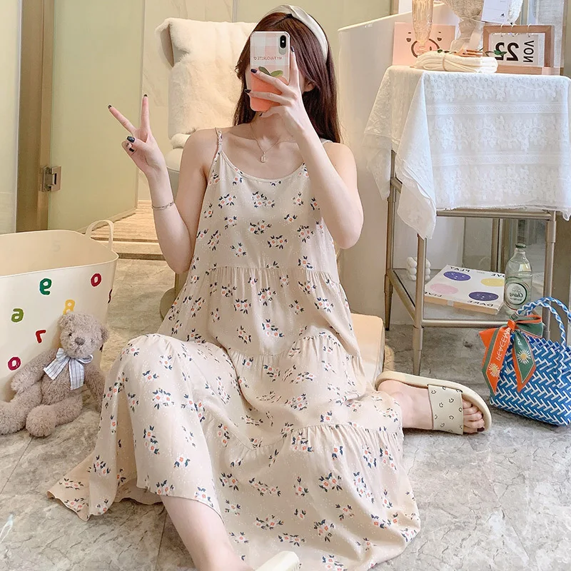 Women's Thin Viscose Sleepwear Sleeveless Floral Suspender Nightshirt Casual  Loose Plus Size Soft Long Length Pajama Dress
