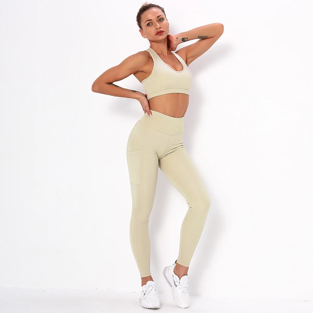 

Striped Pocket Yoga Suit Women's Back Top Bra Sports Running Fitness Yoga Pants