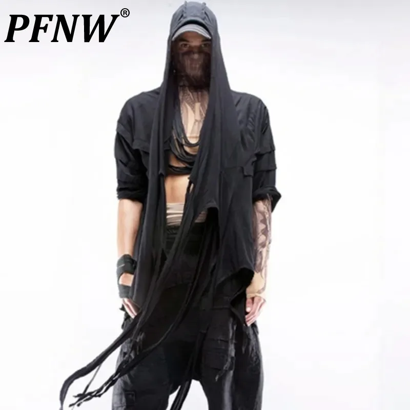 

Мужская хлопковая футболка с бахромой PFNW, черная Асимметричная Повседневная футболка с многослойной драпировкой, в стиле панк, для весны и лета, 28A1565