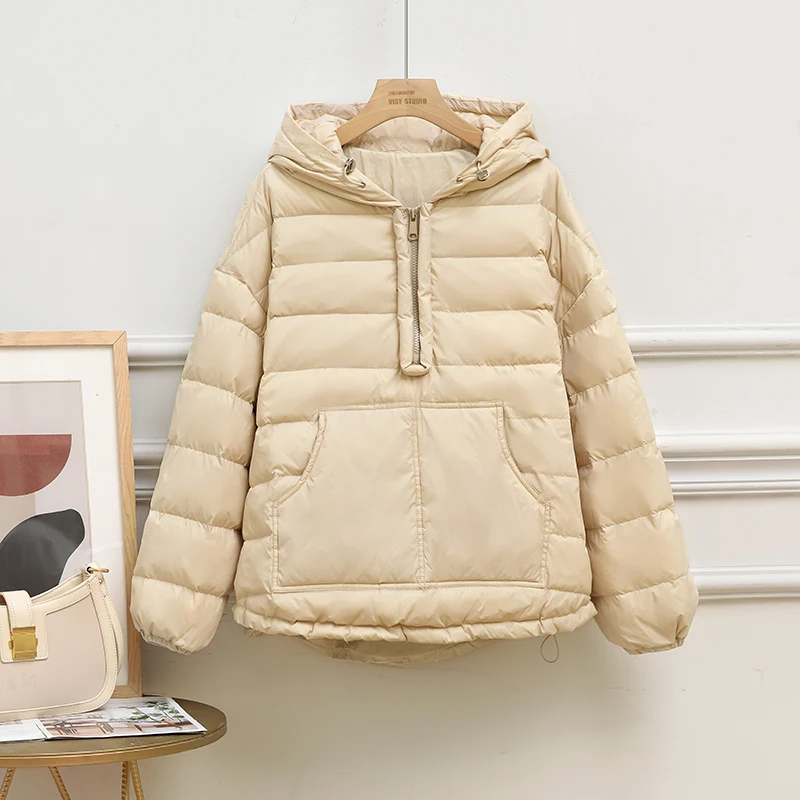 2022 autumn winter new Korean version loose sweater fashion half zipper pullover light white duck down short down jacket women