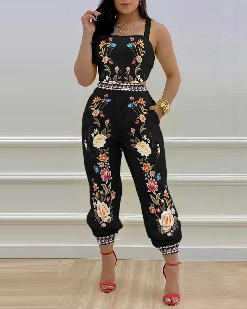 2023 Spring Women's New Women's Jumpsuit Casual Symmetrical Print Straps Jumpsuit