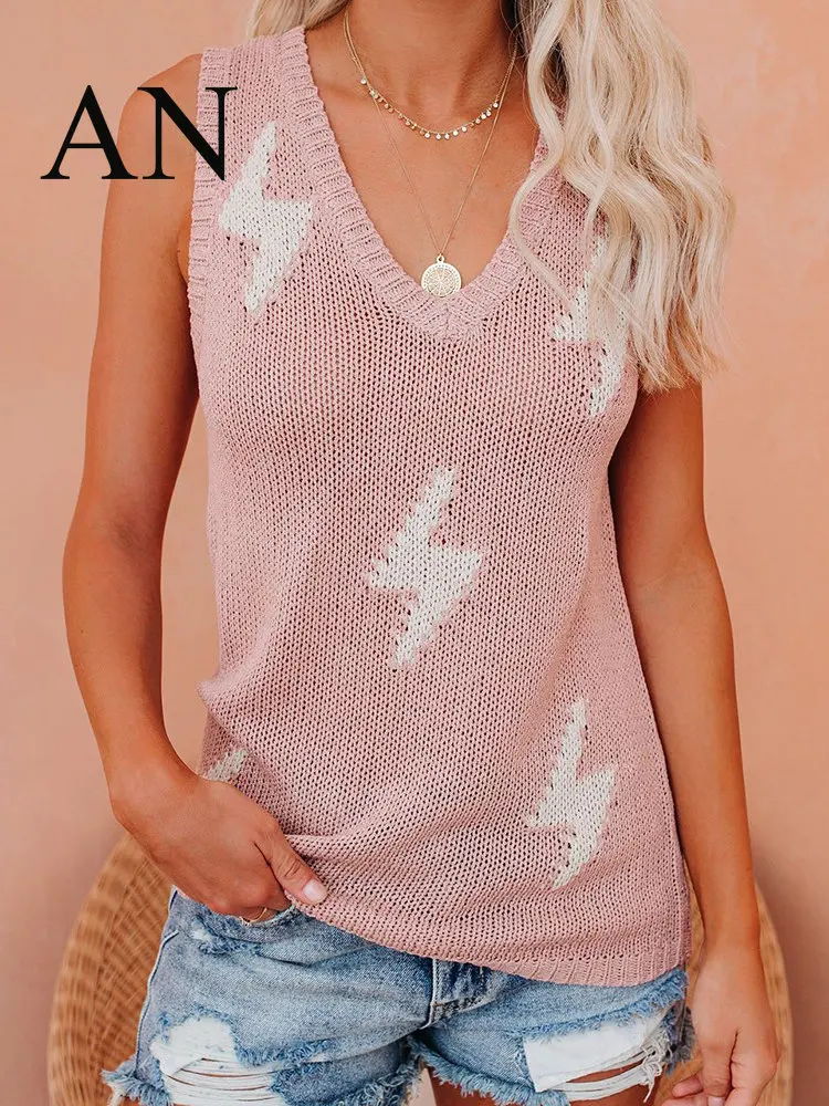 

2022 Summer Fashion New Sexy Lightning Vest Bottoming Strap Knitted Beach Blouse Tank Top Women Oversize Cropped Top Solid