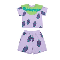 purple boys and girls grape print 2022 new summer fashion lapel tops and shorts suits childrens clothes girls casual loose set