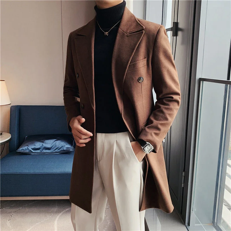 

British Thickened Long Jacket Double Breasted Business Trend Wool Blends Men Trench Coat Chaqueta Larga Hombre Invierno