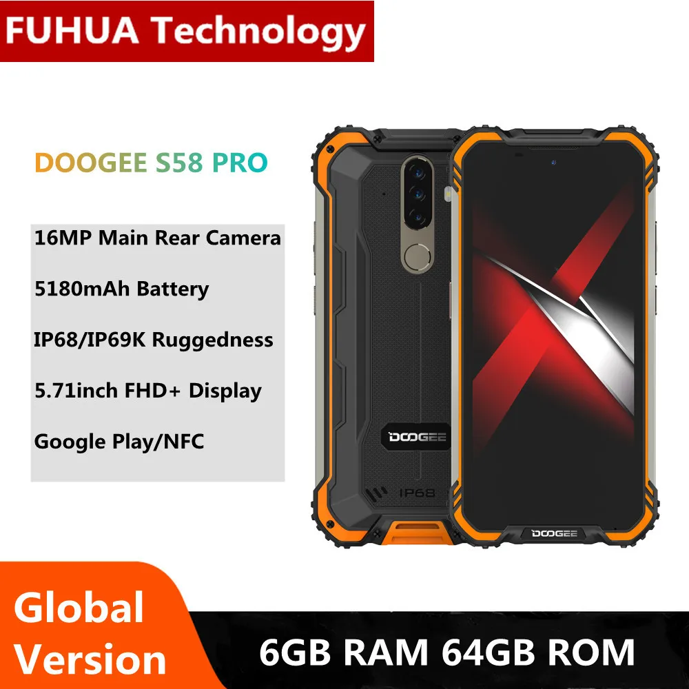 

DOOGEE S58 Pro Mobile Phone IP68 IP69K Waterproof Rugged Phone 5180mAh 5.71 inch FHD+Display 6GB+64GB Android 10 NFC Smartphone