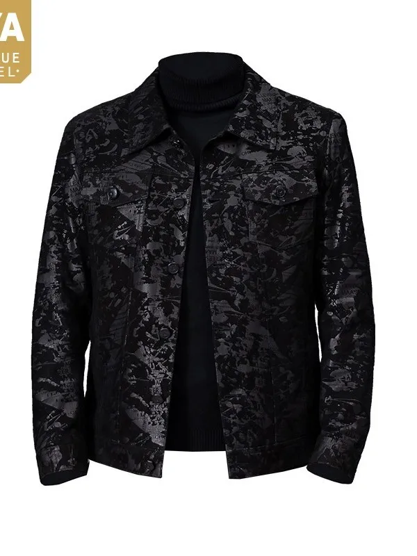 

Genuine Autumn Winter Men Multi-Pockets Leather Lapel Single-Breasted Print Short Sheepskin Coat Business Casual Luxury Brand