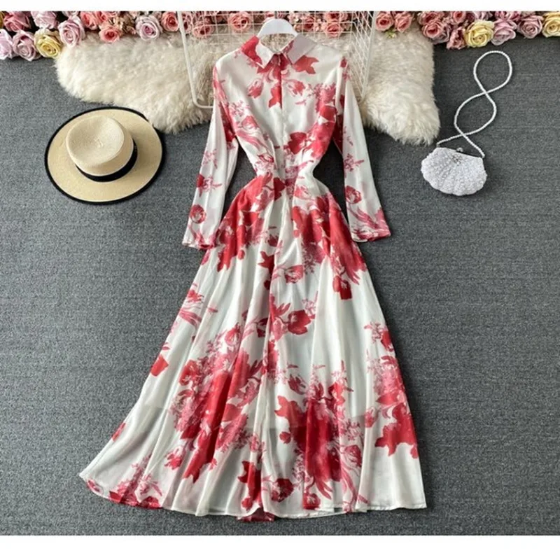 

DALMAZZO Designer Vintage Fashion Ink Painting Print Long Dress For Women Single-Breasted Long Sleeve Casual Vestidos 2023 New