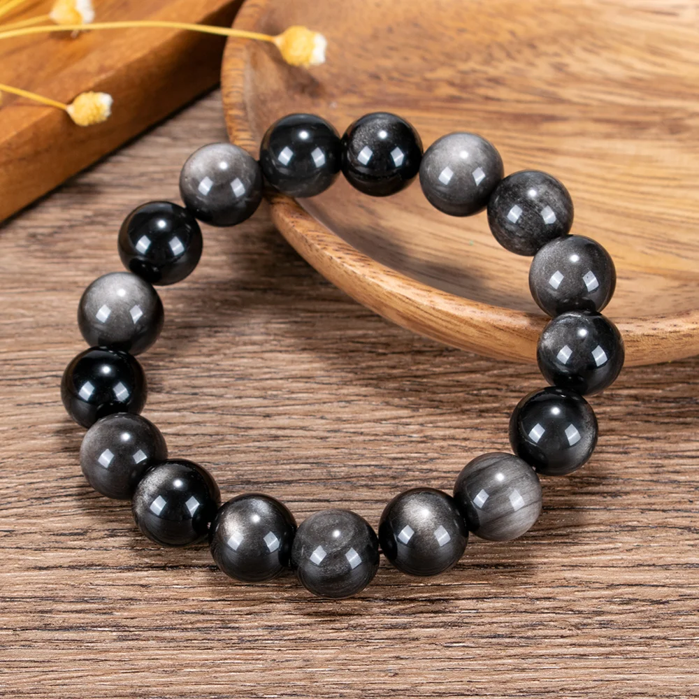 

High Quality Natural Silver Obsidian Bracelet Round Beads Gift for Men and Women Handmade Bangles Casual Jewelry