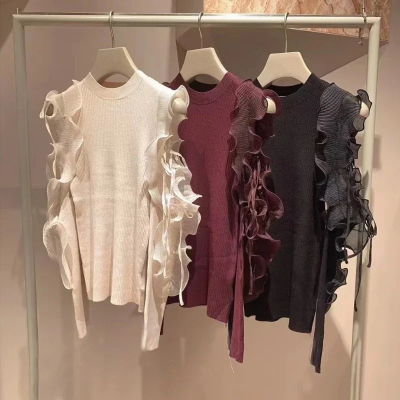 Женский трикотажный свитер с оборками Kuzuwata изящный облегающий джемпер в