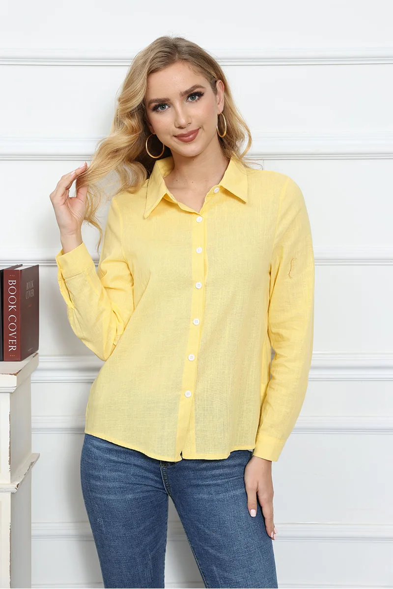 Leisure White Yellow Shirts Button Lapel Cardigan Top Lady Loose Long Sleeve Oversized Shirt Womens Blouses Autumn Blusas Mujer