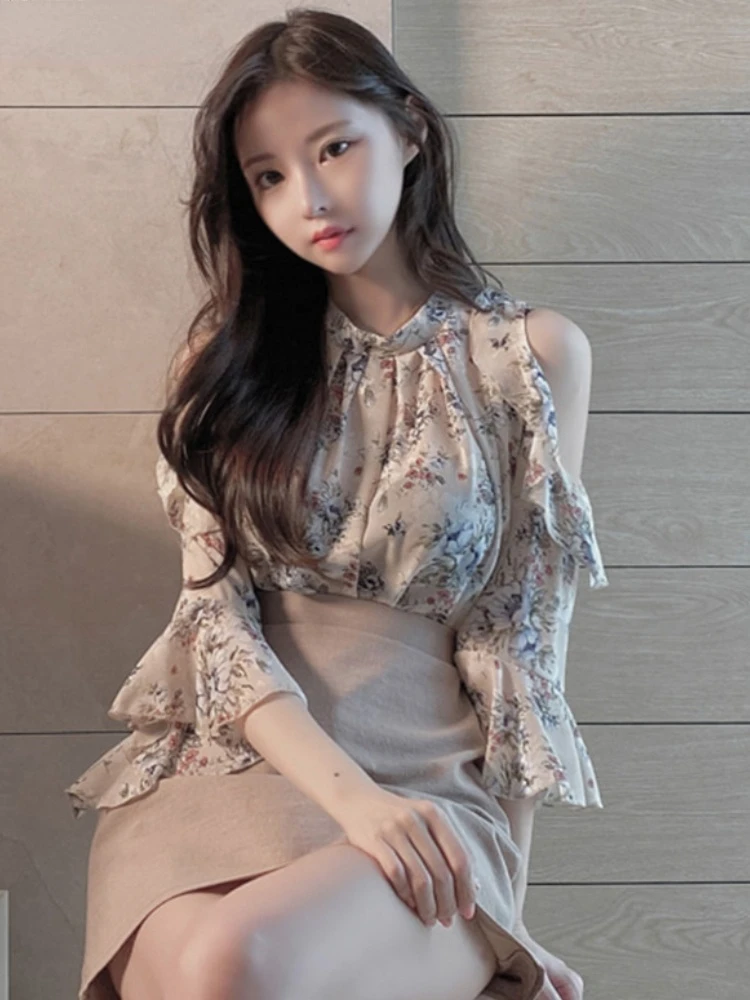 Женская шифоновая блузка с открытыми плечами элегантная офисная длинным рукавом