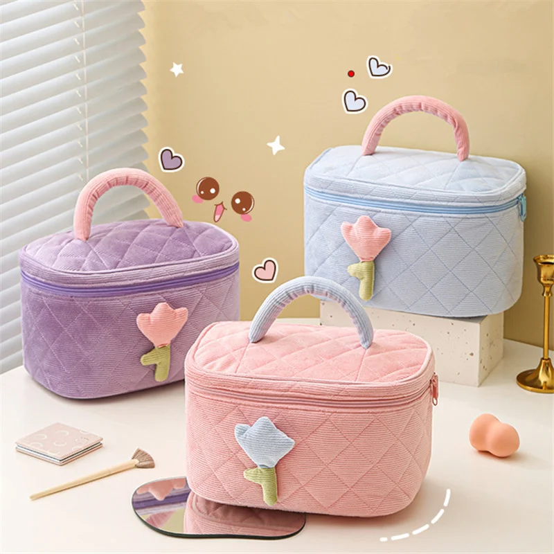 

Вместительная дорожная косметичка, модная женская сумка с цветами тюльпана, Вельветовая сумка на молнии, портативный органайзер для хранения косметики