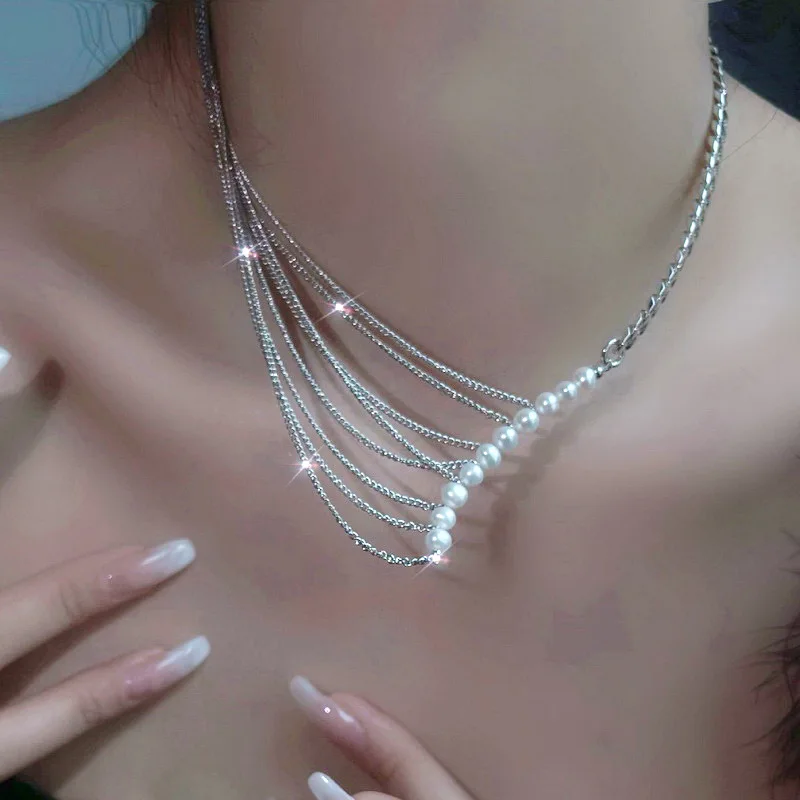 

Korean Elegant Pearl Beads Necklace For Women Shiny Rhinestone Tassel Clavicle Chain Necklaces Wedding Party Collar Jewelry Gift