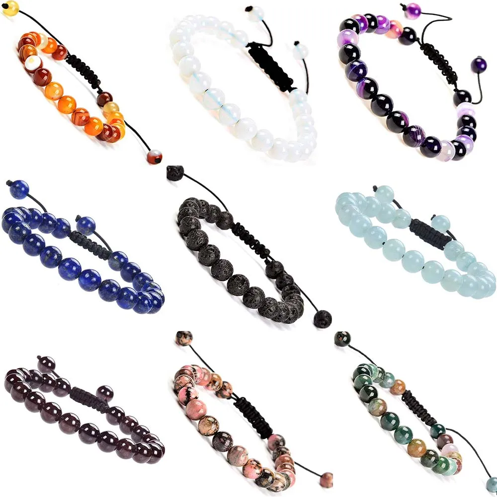 

KMOKN Natural Healing Power Gemstone Crystal Beads Unisex Adjustable Macrame Bracelets 8mm