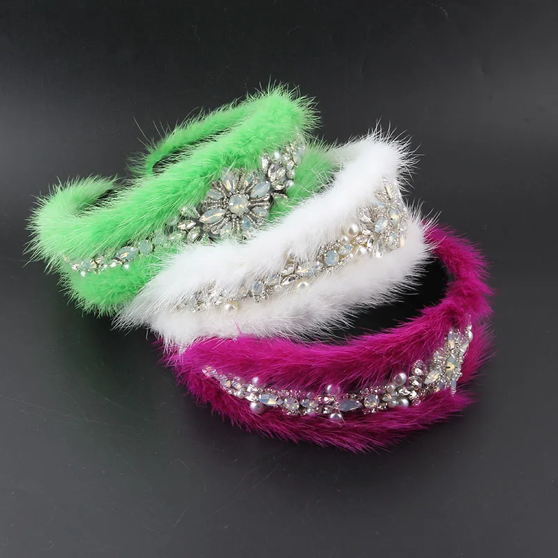 

Головной убор новые осенние зимние норковые волосы инкрустированные Стразы Цветочная повязка женские Стразы широкие края заколка для воло...