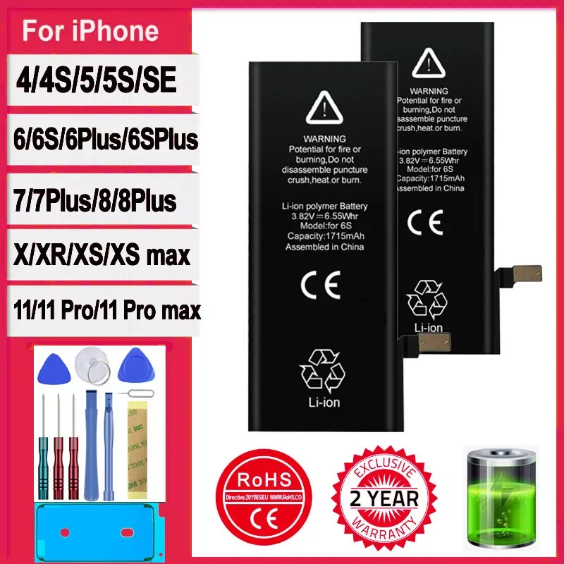 

New 0 Cycle Battery For iPhone 7 8 SE 2 4 4S 5 5S 5C 6 6S Plus X XR XS 11 Pro Max High Capacity Bateria Sticker Free Tools