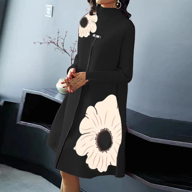 

Винтажное женское платье-трапеция с цветочным принтом, Осеннее элегантное женское платье-пуловер с круглым вырезом, зимние офисные женские платья с длинным рукавом