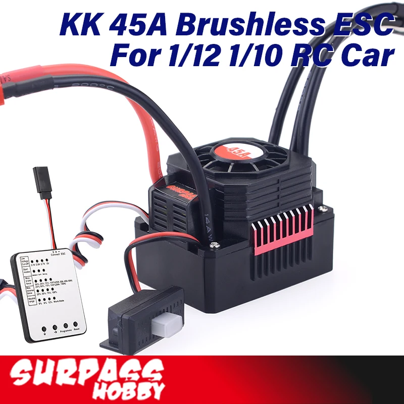 

Surpass Hobby 45A Waterproof Brushless ESC Speed Controller XT60 Plug Programming Card for 1/10 1/12 1/14 RC Car 2S-3S Battery