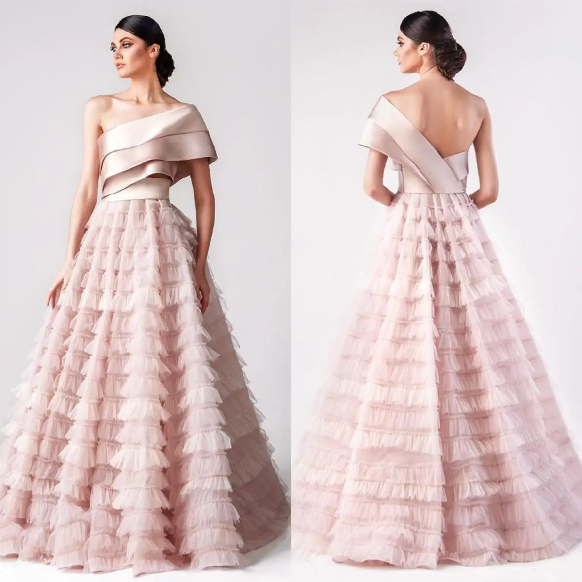 

14943 # IENA элегантные розовые вечерние платья на одно плечо, искусственное Тюлевое платье, свадебные вечерние платья для выпускного вечера, вечерние платья