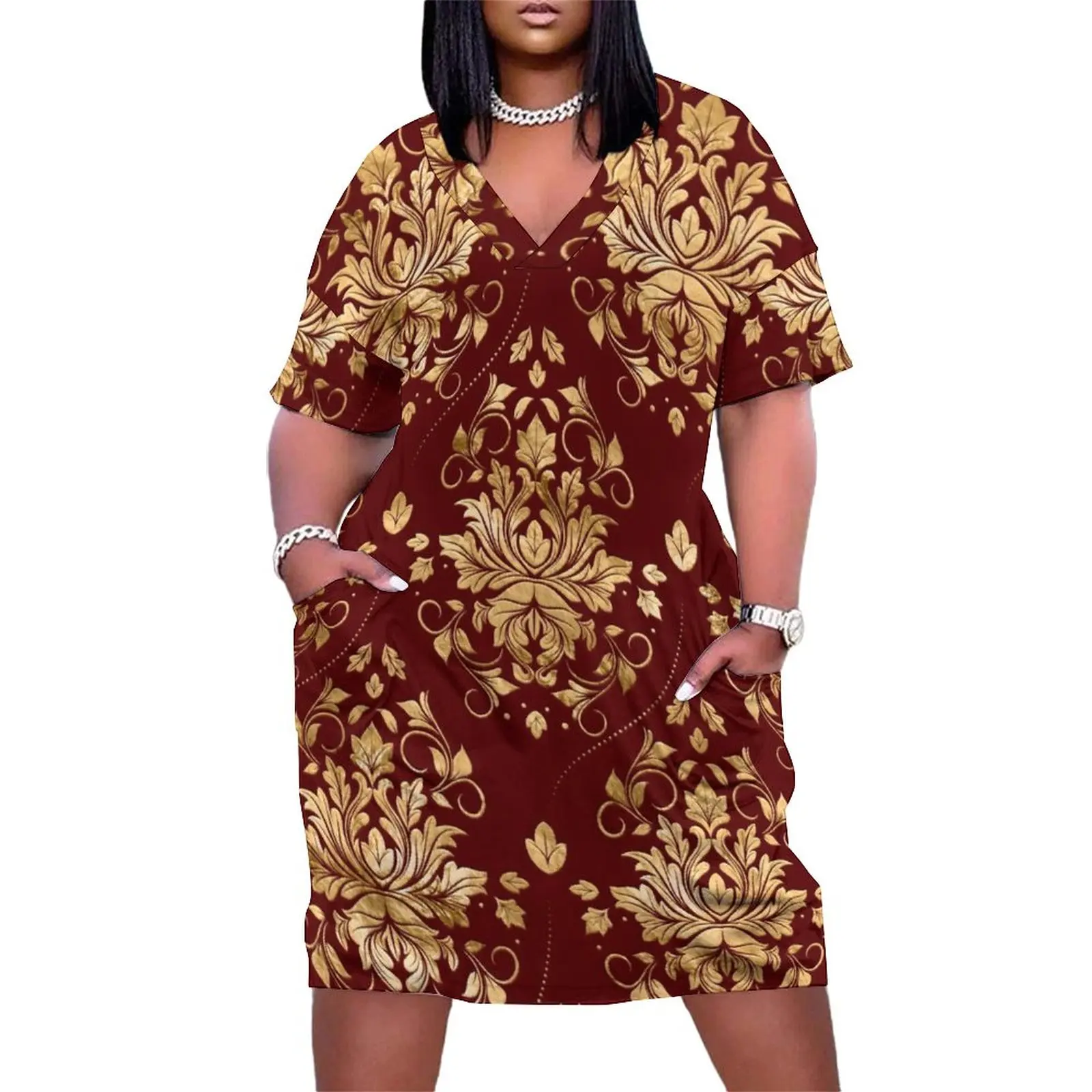 

Gold Baroque Dress V Neck Oriental Vintage Damask Korean Fashion Dresses Spring Cute Casual Dress Woman Print Plus Size Clothes