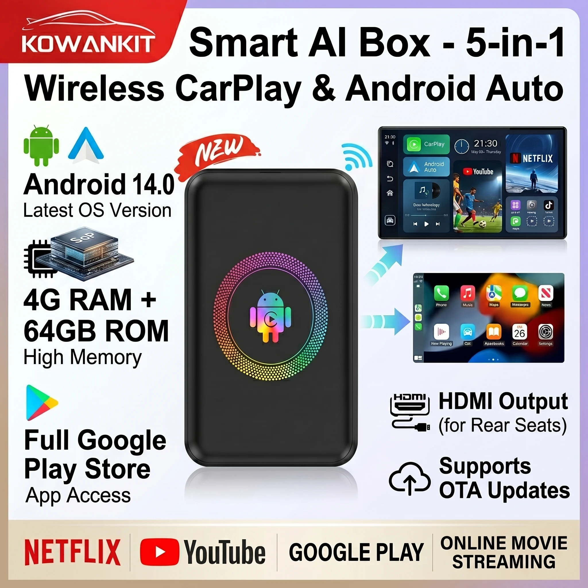 Фото 2026 4+64G Android 14.0 Беспроводной CarPlay AI Box Kowankit Smart HDMI Plug & Play Android Auto 5-в-1 Автомобильный ТВ-бокс для Netflix YouTube №1