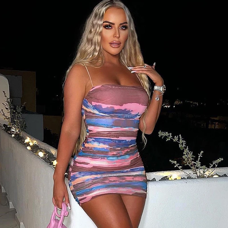 

2022 Summer New Women's Fashion Sexy Suspenders Backless Print Short Pleated High Waist Bag Hip Slim Dress
