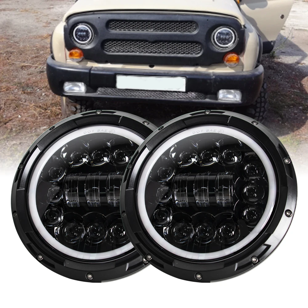 

2Psc 7 Inch LED Headlight Hi/Lo Beam H4 DRL With Halo Angel Eyes For Lada 4x4 Urban Niva Jeep JK Land Rover Defender Hummer
