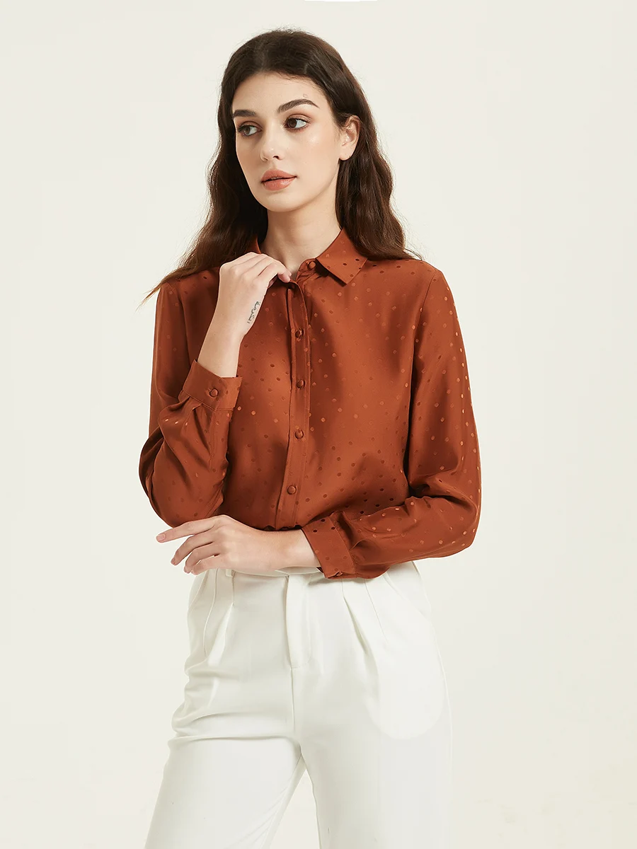 SuyaDream Woman Shirts 100%Mulberry Silk Turn Down Collar Dots Jacquard Blouses 2023 Spring Summer Office Lady Top Caramel enlarge