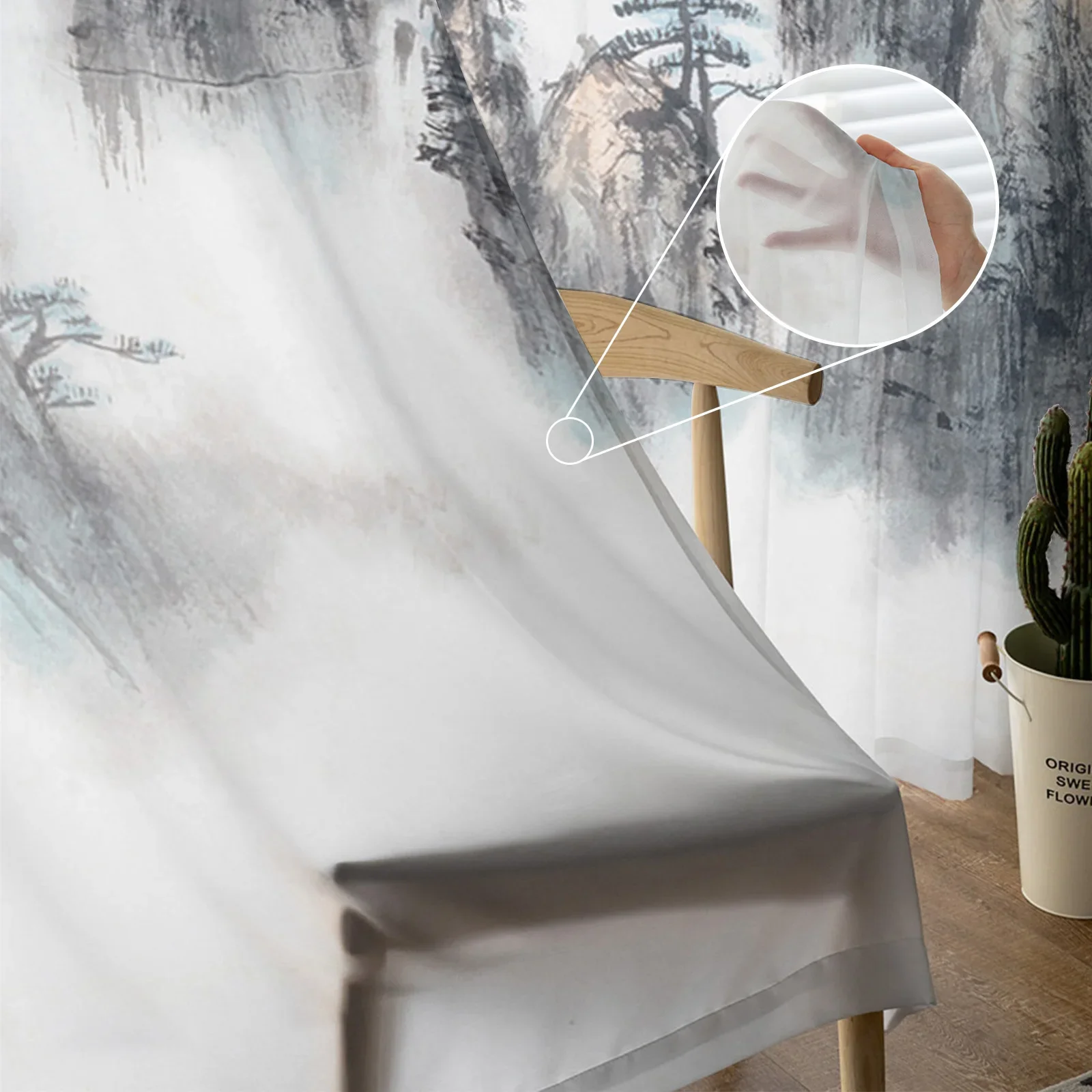 Китайский стиль пейзажная живопись тушью тюлевые шторы гостиная кухня украшение