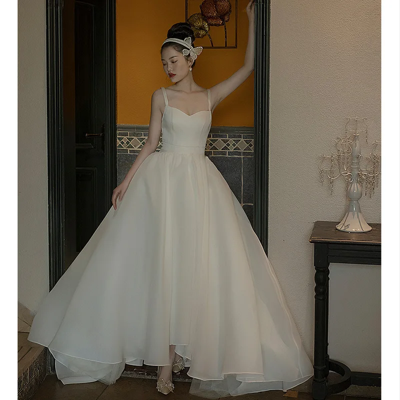 

Elegant Wedding Dress Spaghetti Strap V-Neck Backless Asymmetrical Prom Ball Gown White Bride Dresses A-Line Princess Vestido