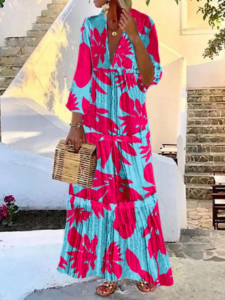

2022 Spring Fashion Trend Hem Elegant Dress Sexy Deep V Flared Sleeve Boho Dress Vintage Print Loose Beach Women Dress Vestidos