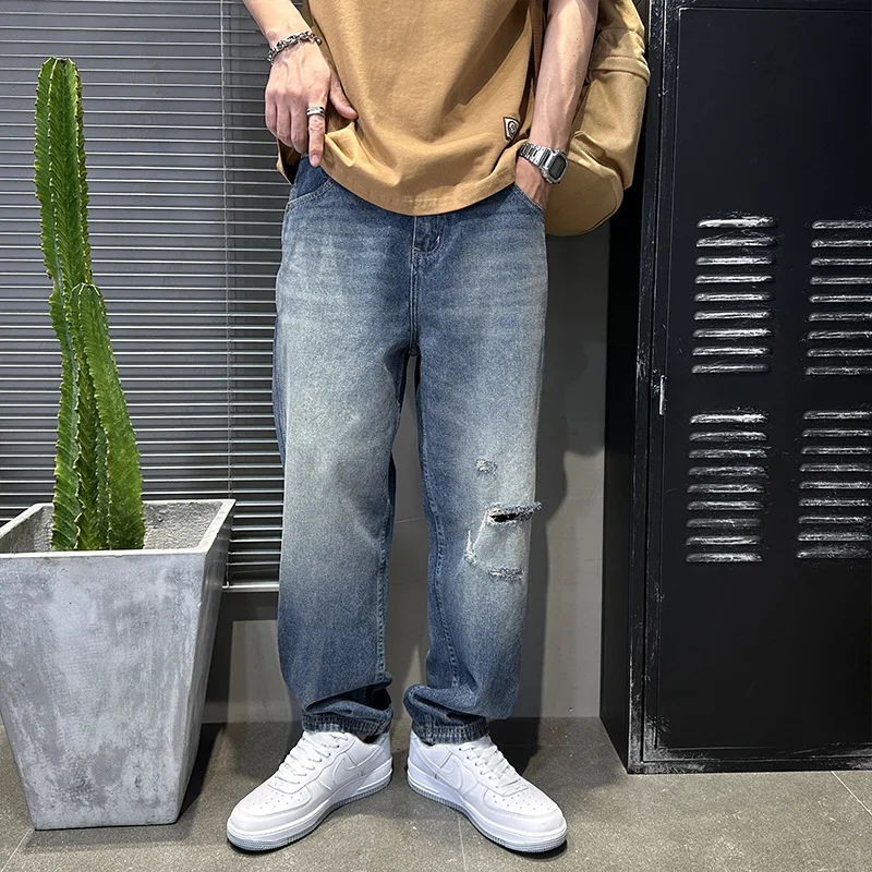 Street Fashion Men Jeans Retro Blue Loose Fit Hole Ripped Jeans Men Straight Trousers American Casual Wear Wide Leg Pants Hombre