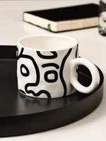 creative black and white ceramic coffee cup simple line face breakfast milk cup large capacity drinking mug porcelain couple mug