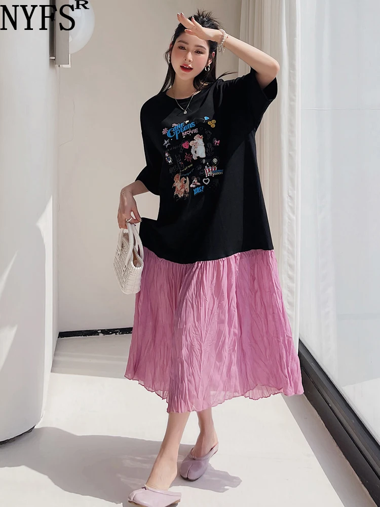 

Женское платье с коротким рукавом, Свободное длинное платье составного кроя с цветочным принтом, в Корейском стиле, лето 2023