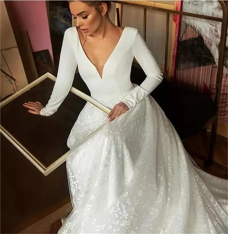 Flavinke Boho Кружевные свадебные платья с длинным рукавом и v-образным вырезом белое