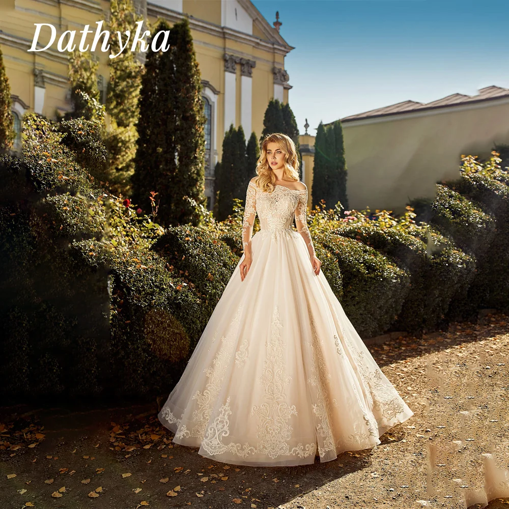 

Dathyka Strapless Zipper Wedding Dresses For Bride Chiffon Appliques Lace Off The Shoulder Full Classic Backless Floral Print