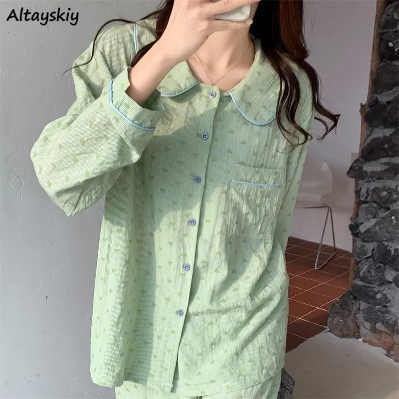 

Green Pajama Sets for Women Sweet Print Fashion Ins Loose Peter Pan Collar Homewear Students Casual Spring Long Sleeve All-match