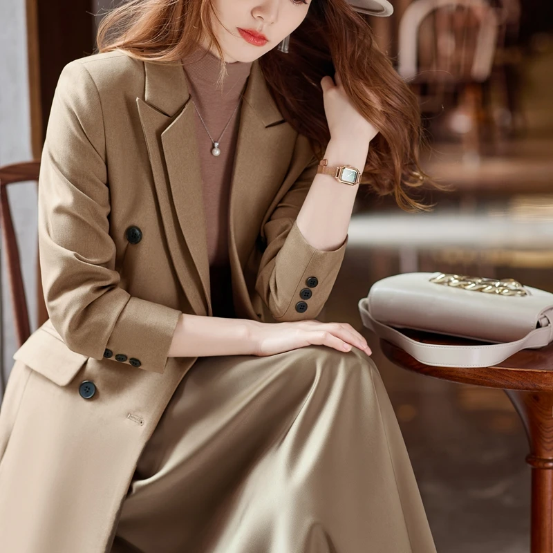 Autumn Winter  Korean Women Black Trench Blazer Coat  Elegant Double Breasted Lengthened Khaki Jacket Lapel Windbreaker Female