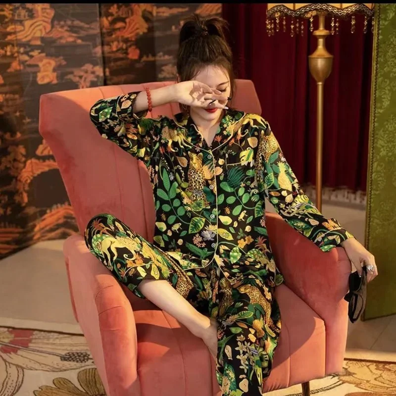 QWEEK Art Printing Pajamas for Women Silk Satin Leopard Long Sleeve Pants Temperament Homewear Sleepwear Green Trouser Suits