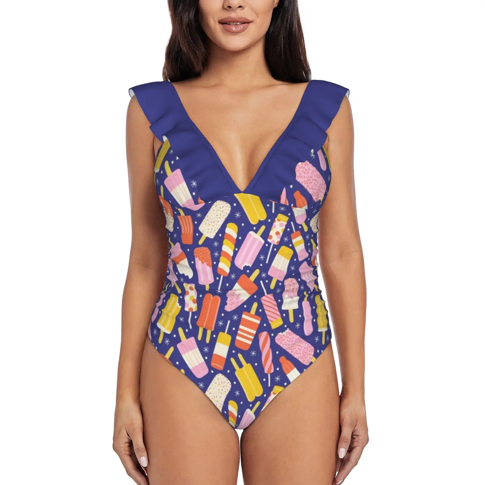 

Женский слитный купальник с воланами, сексуальное боди, монокини, купальник, купальный костюм с узором, векторные фруктовые мороженые