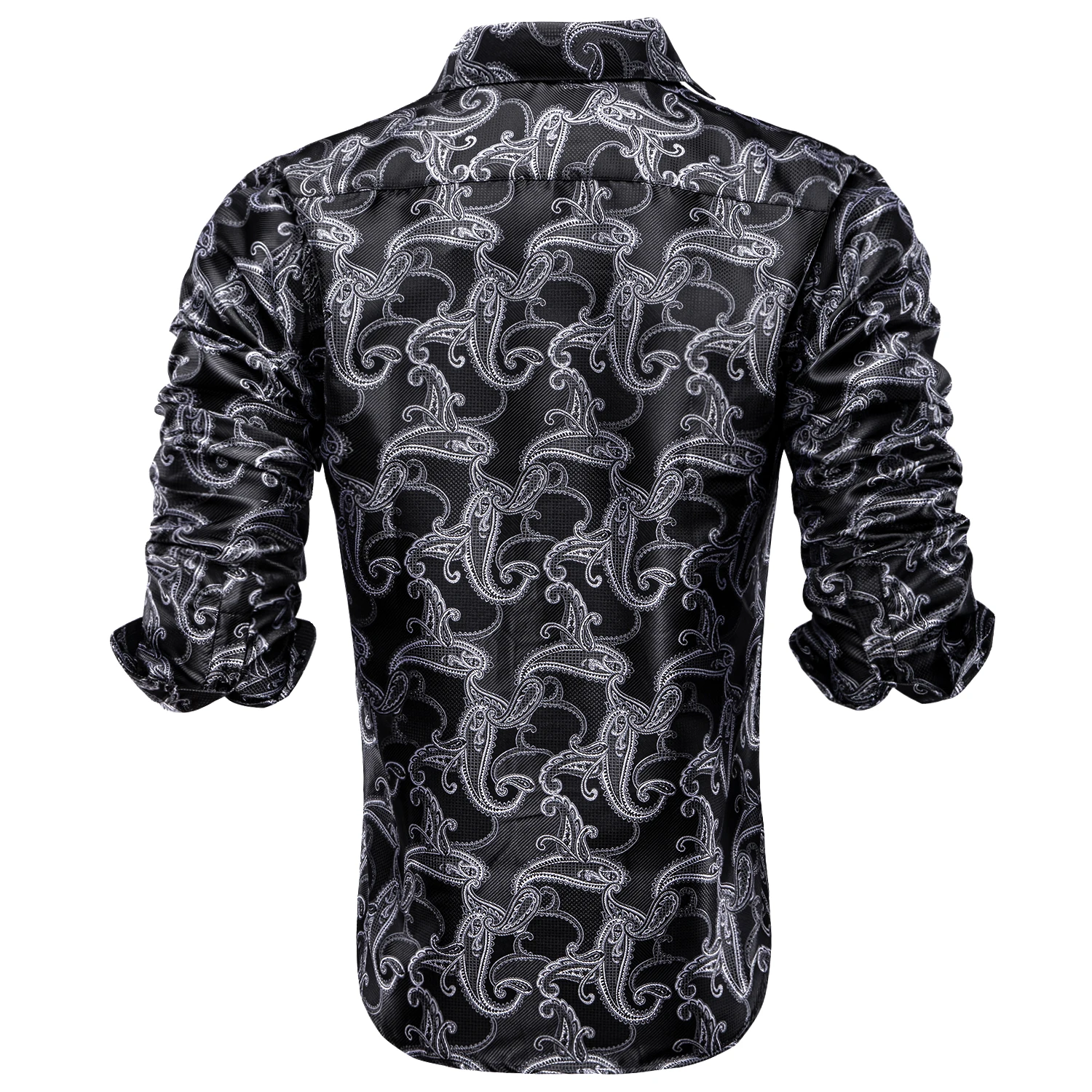 Hi-Tie Men's Silk Shirts Long Sleeve Lapel Black Grey Paisley Shirt For Male Soft Breathable High Quality Business Daily Use XXL