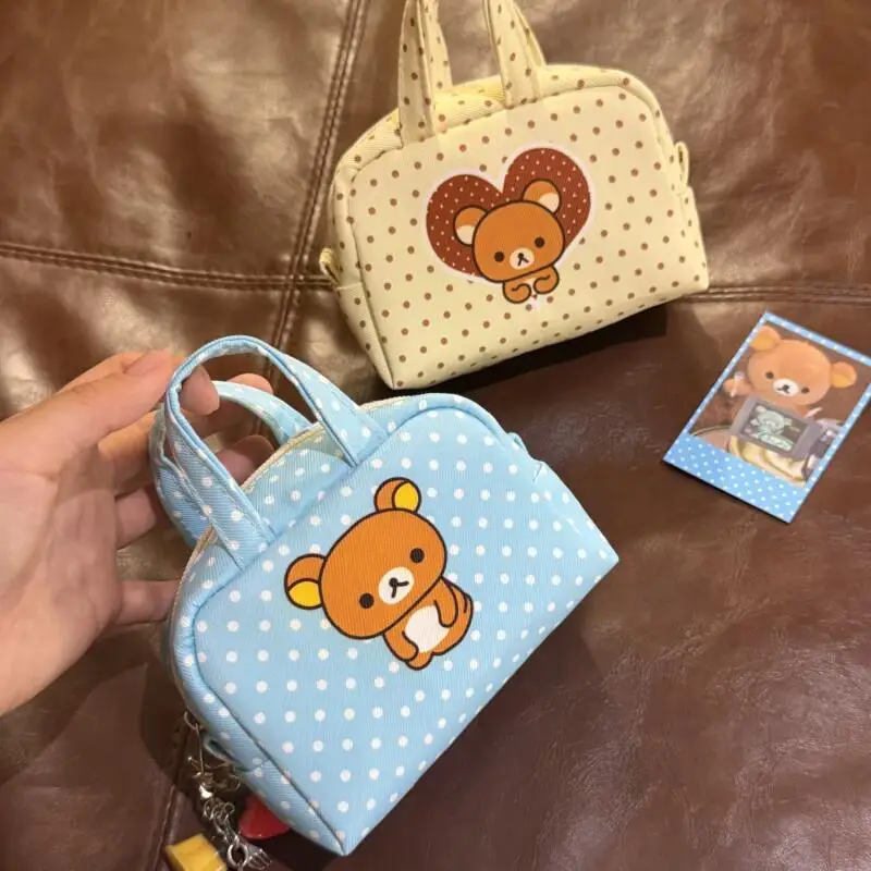 Фото Мультяшный кошелек-монетница Rilakkuma в горошек из оксфордской ткани с жемчужной цепочкой, мини-чехол для помады, подарок на день рождения другу №3