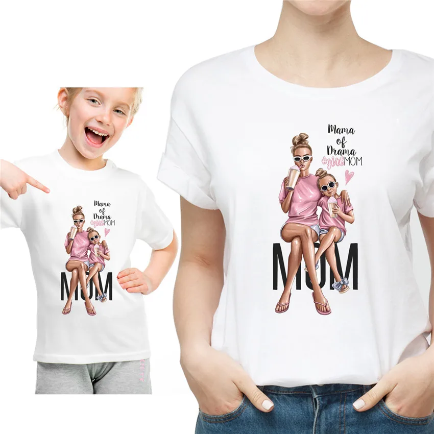 

Super Mom Mama Graphic Printed T-shirt Short Sleeve Girl Children's Clothes Parent-child Clothes Fashionable Large Size Leggings