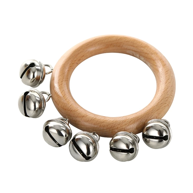 

5in Wooden Ring Rattle Handbell with Soundable Bells for Infant Grab Crib Toy Accessory Musical Teether Baby Instrument