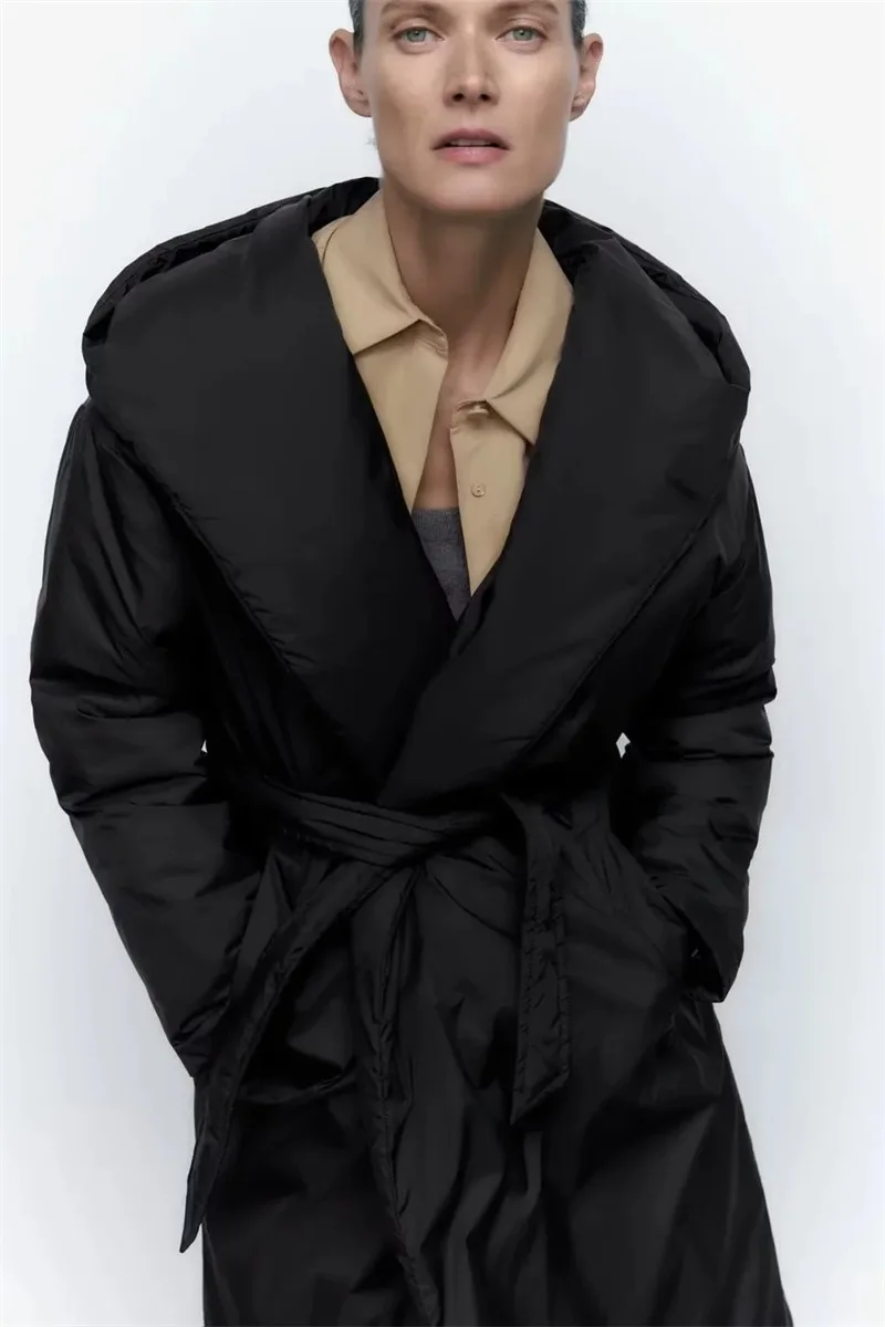 New Hooded Cotton Coat Autumn Winter Simple and Fashion Womens Dress Temperament Lace Up Medium Length Cotton Coat Women