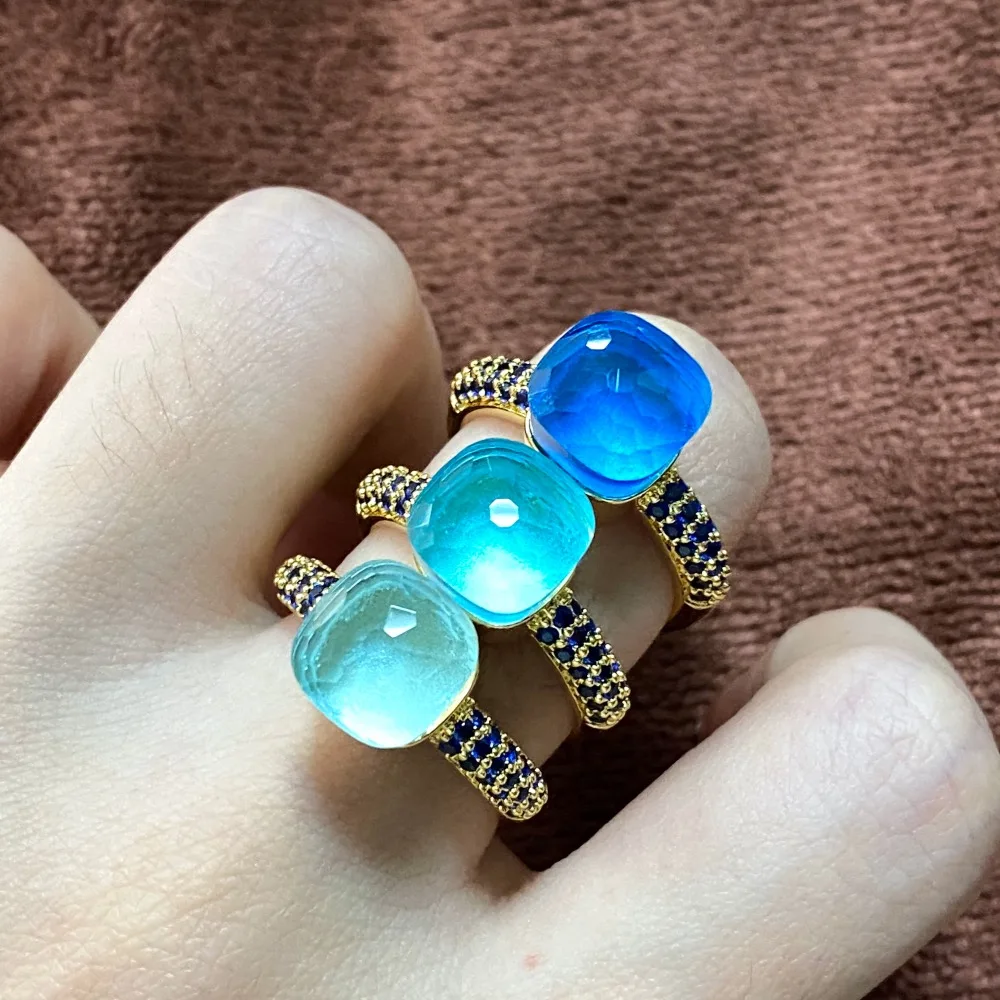 

Pomellato Ring For Women Candy Color Ring Inlay Blue Zircon Gold Plated High Quality Candy Crystal Ring Jewelry Gift