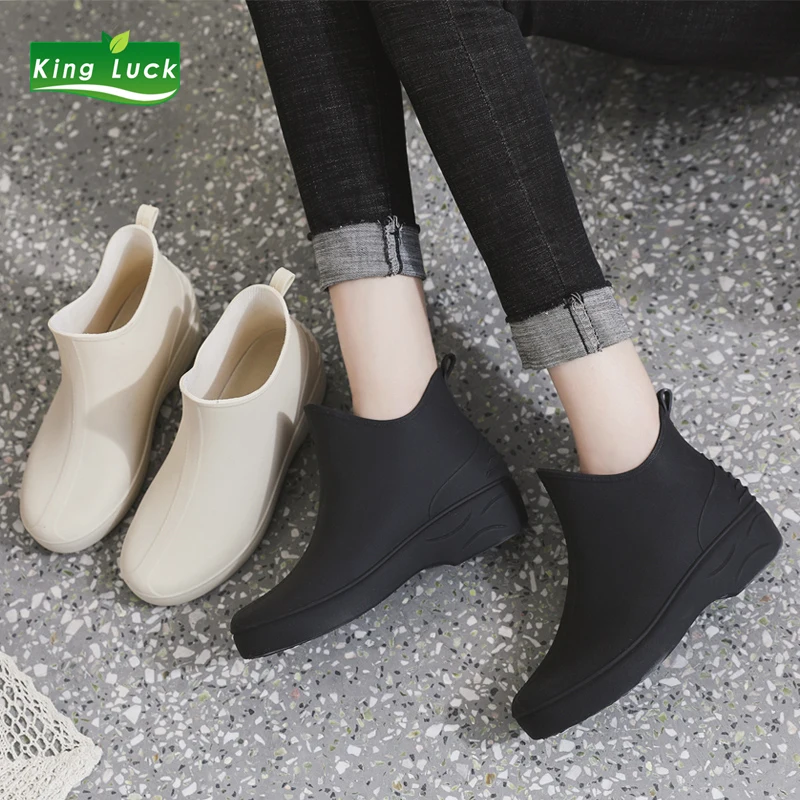 

0.6kg KingLuck Women Rain Boots Rubber Slip-on Shoes Girls For Water Waterproof Plastic White Ankle Ladies ANKL Female BOOT