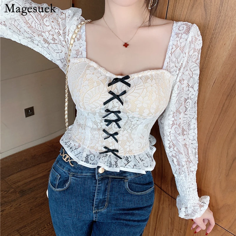 

Elegant Short Lace Shirts Sexy Chic Top Blouse Retro Palace Style Solid Color Square Collar Wrapped Lantern Sleeve Shirt 14929