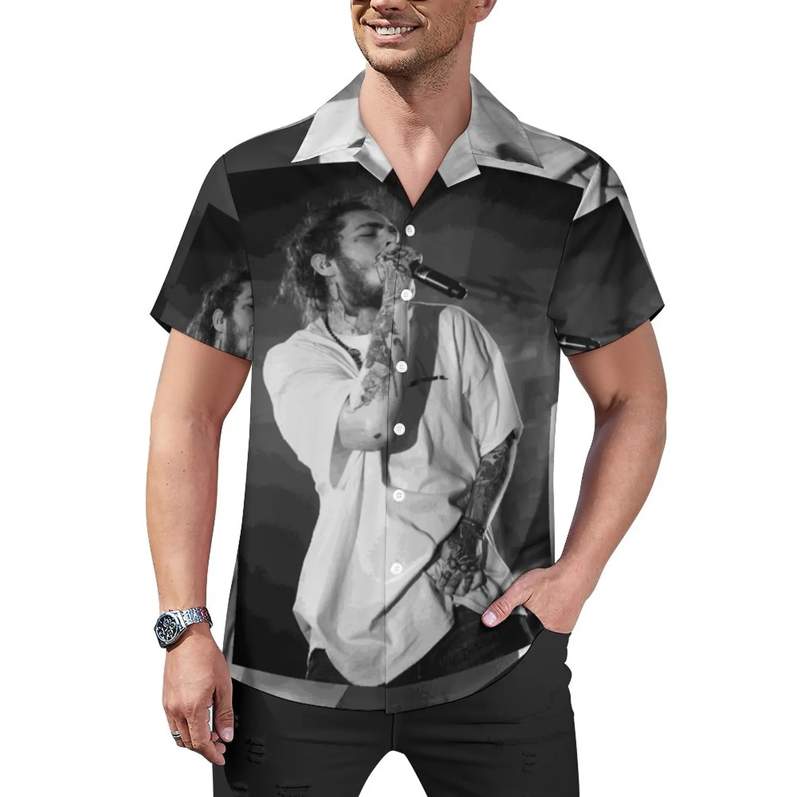

Black White Malone On Concert Loose Shirt Men Beach Post Malone Rapper Surprise Cool Casual Shirts Short Sleeve Fashion Blouses